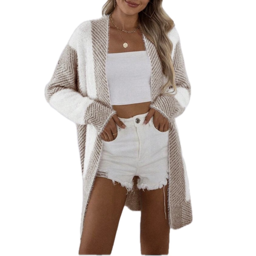 Tan & Ivory Fuzzy Colorblock Cardigan Sweater